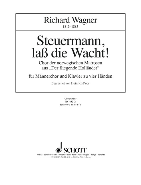 Steuermann, lass die Wacht! WWV 63&nbsp;&nbsp;für Männerchor (TTBB) und Klavier 4-händig&nbsp;&nbsp;Chorpartitur