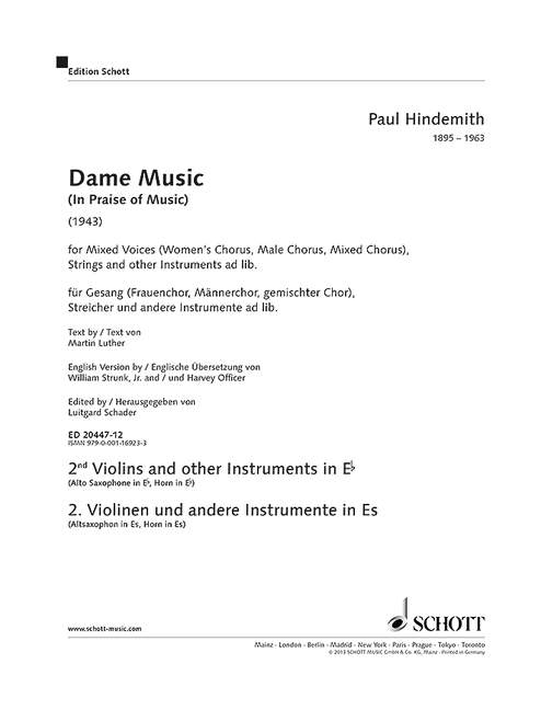 ED20447-12 Dame Music  für Stimmen, gem Chor und Streicher (andere Instrumente ad lib)  2. Stimme (Violine 2/Altsaxophon/Horn in Es)