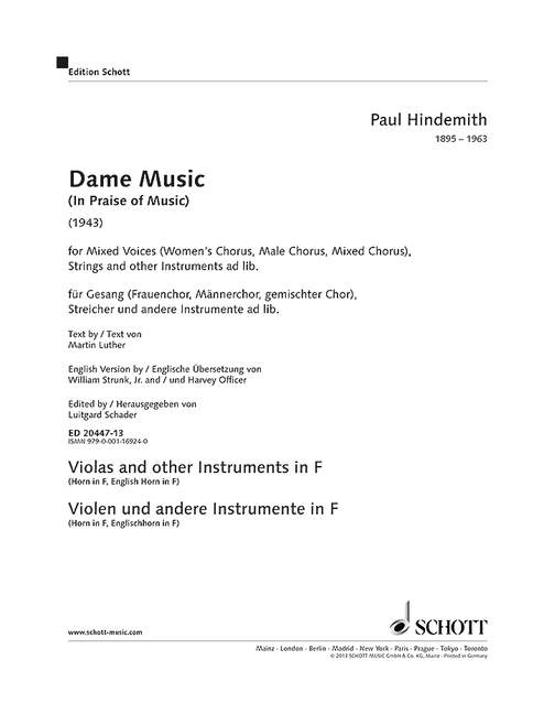 ED20447-13 Dame Music  für Stimmen, gem Chor und Streicher (andere Instrumente ad lib)  Viola (Horn in F/Englischhorn)
