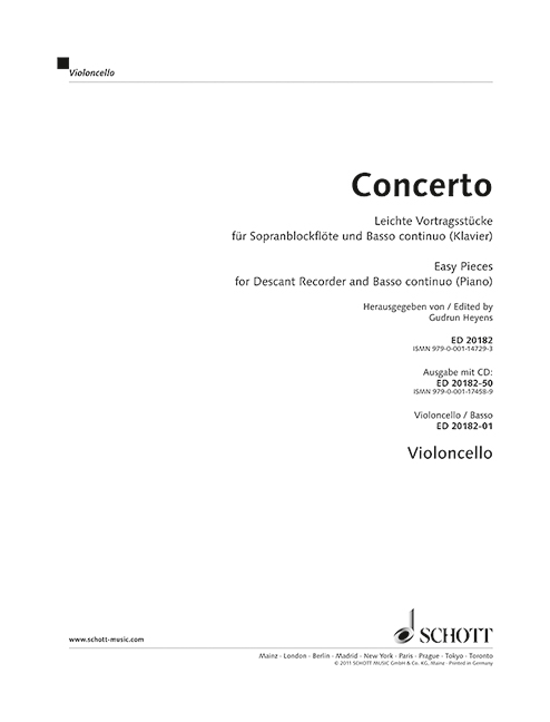 Concerto&nbsp;&nbsp;für Sopran-Blockflöte und Basso continuo&nbsp;&nbsp;Einzelstimme - Violoncello