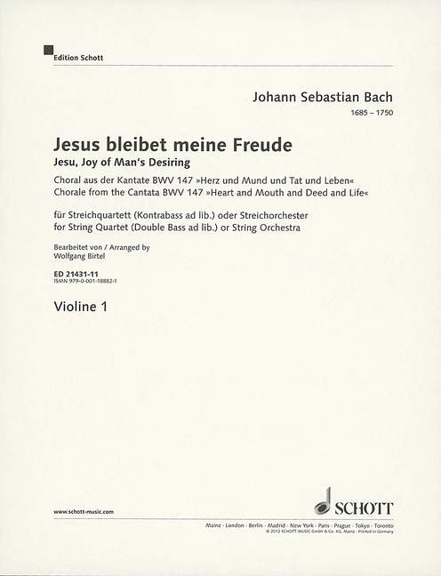 Jesus bleibet meine Freude BWV147&nbsp;&nbsp;für Streichquartett (Streichorchester) (Kontrabass ad lib)&nbsp;&nbsp;Violine 1