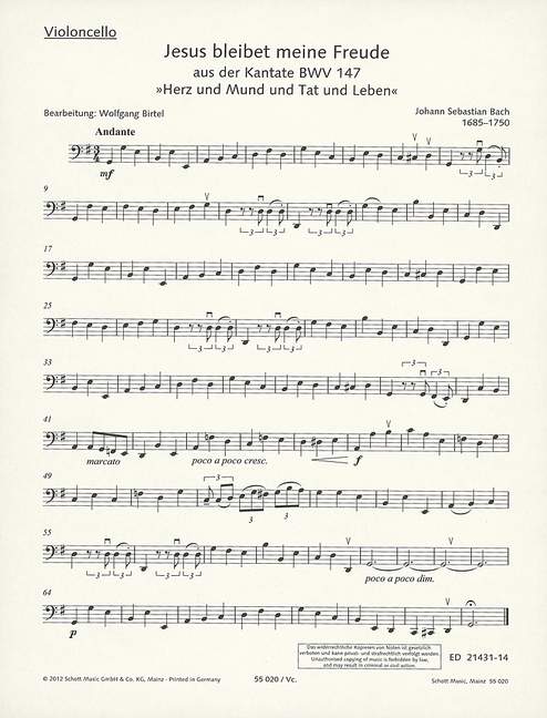 Jesus bleibet meine Freude BWV147&nbsp;&nbsp;für Streichquartett (Streichorchester) (Kontrabass ad lib)&nbsp;&nbsp;Violoncello