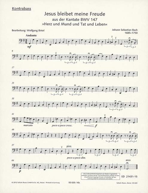 Jesus bleibet meine Freude BWV 147&nbsp;&nbsp;für Streichquartett (Kontrabass ad libitum) oder Streichorchester&nbsp;&nbsp;Kontrabass