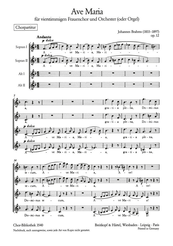 Ave Maria op. 12&nbsp;&nbsp;für Frauenchor und Orchester&nbsp;&nbsp;Chorpartitur