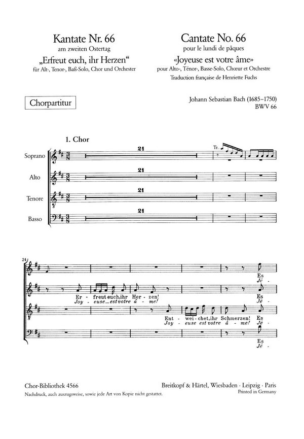 Bach, Johann Sebastian, Erfreuet euch, ihr Herzen - Kantate Nr.66 BWV6&nbsp;&nbsp;für Soli, gem Chor und Orchester&nbsp;&nbsp;Chorpartitur