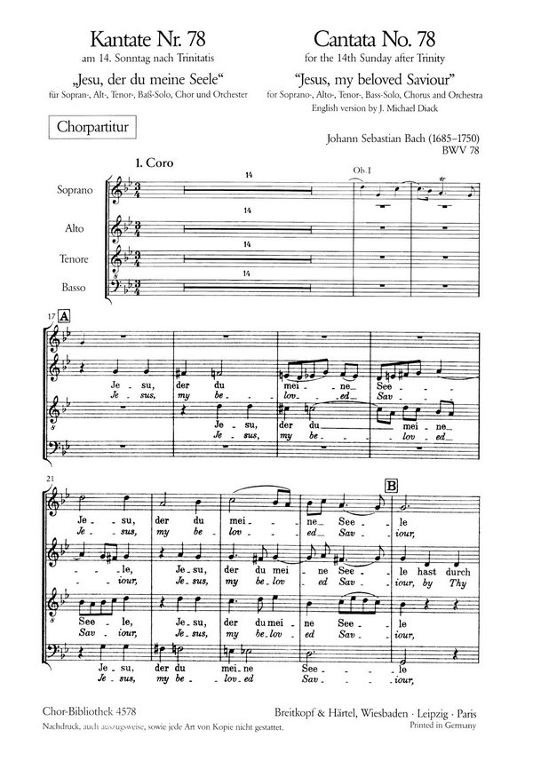 Jesu, der du meine Seele - Kantate Nr.78 BWV 78&nbsp;&nbsp;für Soli, gem Chor und Orchester&nbsp;&nbsp;Chorpartitur