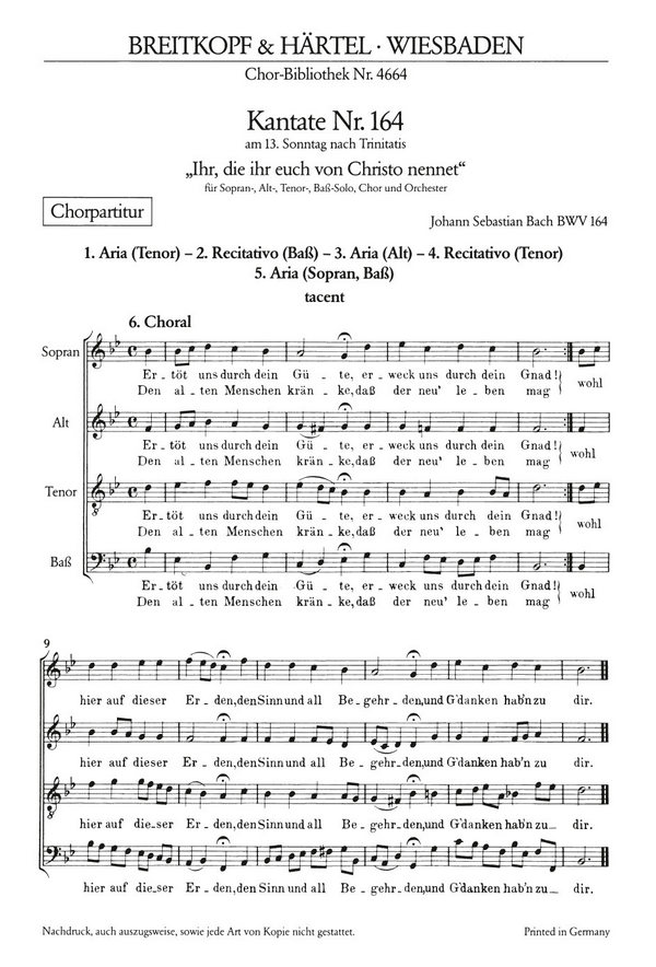 Ihr, die ihr euch von Christo nennet - Kantate Nr.164 BWV164&nbsp;&nbsp;für Soli, gem Chor und Orchester&nbsp;&nbsp;Chorpartitur