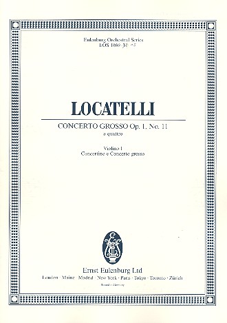 Concerto grosso op. 1,11&nbsp;&nbsp;für 2 Violinen, Viola, Violoncello und Streichorchester&nbsp;&nbsp;Spielpartitur Violine 1 (solo und ripieno)