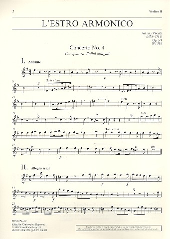 Konzert e-Moll op.3,4 RV550&nbsp;&nbsp;für Streichorchester mit 4 Violinen&nbsp;&nbsp;Violine 2