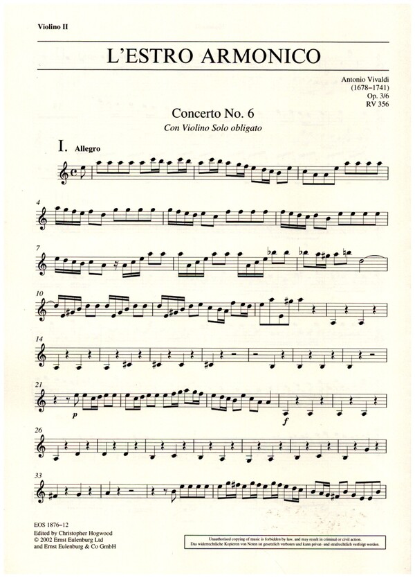 Konzert a-Moll L'Estro Armonico op.3,6 RV356&nbsp;&nbsp;für Violine, Streicher und Bc&nbsp;&nbsp;Violine 2