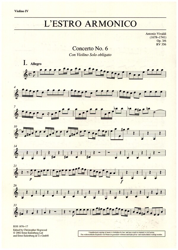 Konzert a-Moll L'Estro Armonico op.3,6 RV356&nbsp;&nbsp;für Violine, Streicher und Bc&nbsp;&nbsp;Violine 4