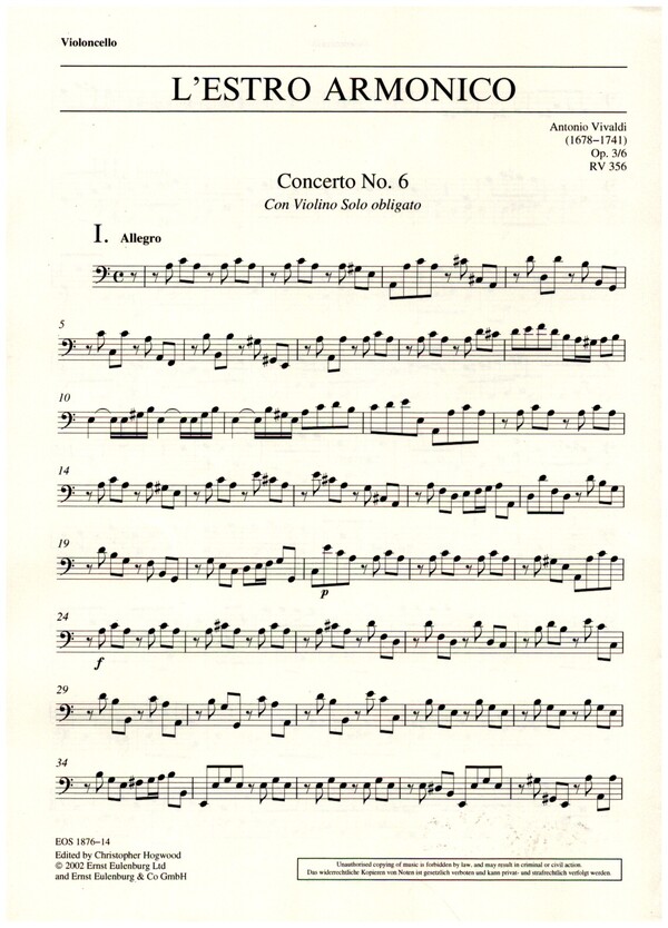 Konzert a-Moll L'Estro Armonico op.3,6 RV356&nbsp;&nbsp;für Violine, Streicher und Bc&nbsp;&nbsp;Violoncello