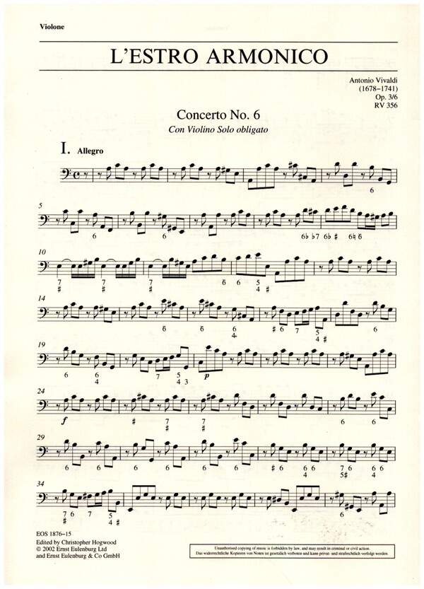 Konzert a-Moll L'Estro Armonico op.3,6 RV356&nbsp;&nbsp;für Violine, Streicher und Bc&nbsp;&nbsp;Violone/Kontrabass