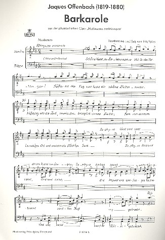 Barcarole aus Hoffmanns Erzählungen  für Männerchor und Klavier  Chorpartitur