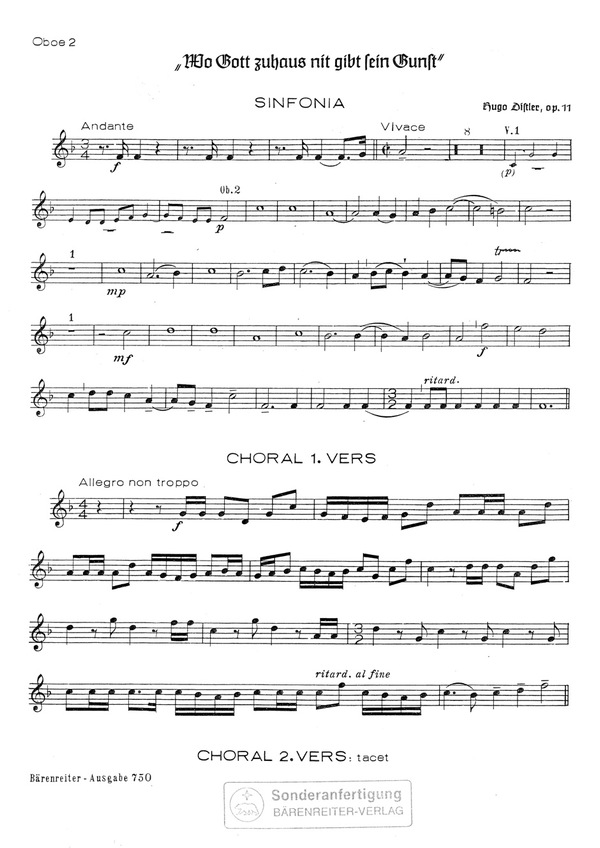 Wo Gott zuhaus nit gibt sein Gunst op.11  für gem Chor und Orchester  Oboe 2,  Archivkopie
