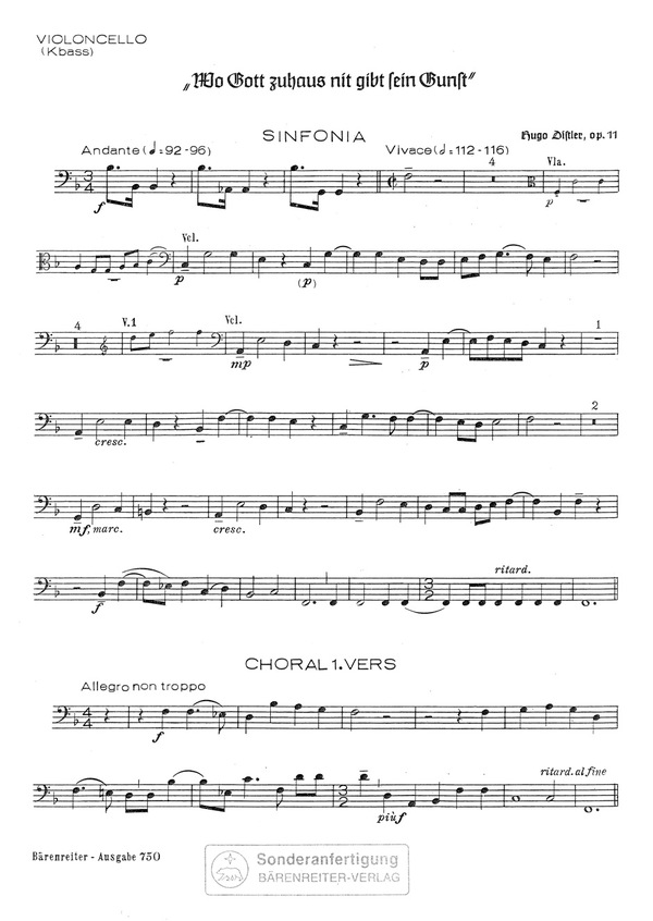Wo Gott zuhaus nit gibt sein Gunst op.11  für gem Chor und Orchester  Violoncello/Kontrabass,  Archivkopie