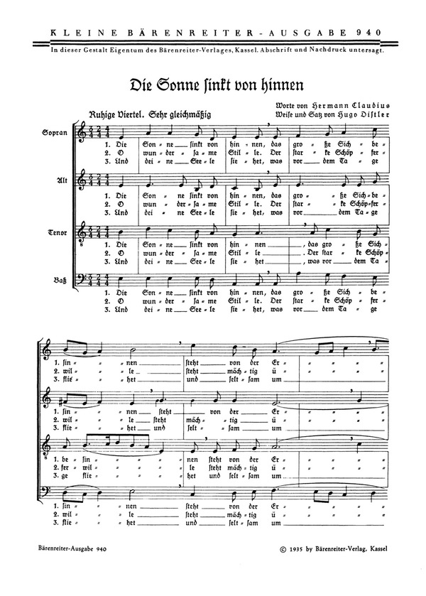Die Sonne sinkt von hinnen  Liedsatz  Chorpartitur GemCh-SATB