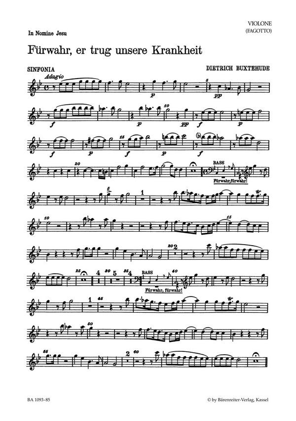 Buxtehude, Dietrich Fürwahr, er trug unsere Krankheit&nbsp;&nbsp;Passionskantate BuxWV 31&nbsp;&nbsp;Stimme(n) KB/Fag