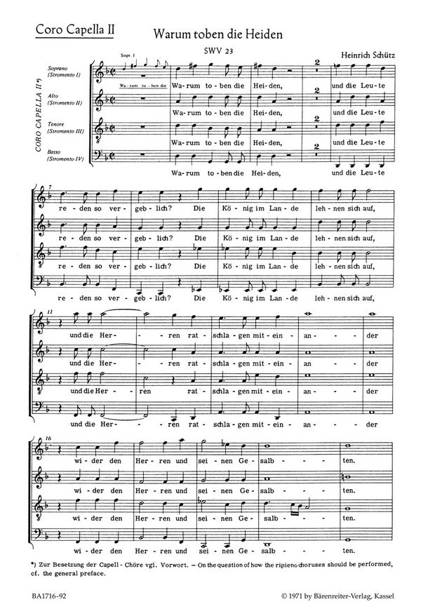 Warum toben die Heiden&nbsp;&nbsp;Capellchor 2 SWV 23&nbsp;&nbsp;Chorpartitur, Urtextausgabe GemCh-SATB