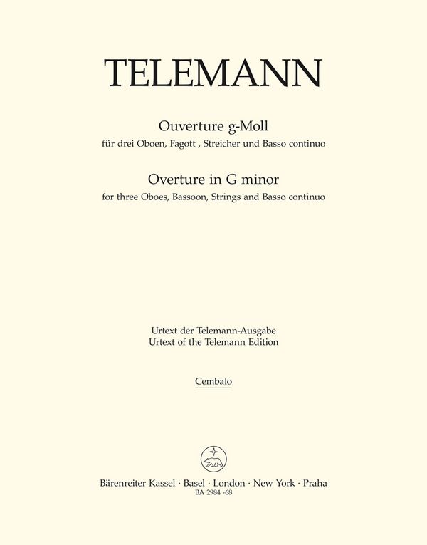 Orchester-Ouvertüre&nbsp;&nbsp;: TWV 55:g4&nbsp;&nbsp;Stimme(n), Urtextausgabe Cemb/Bc
