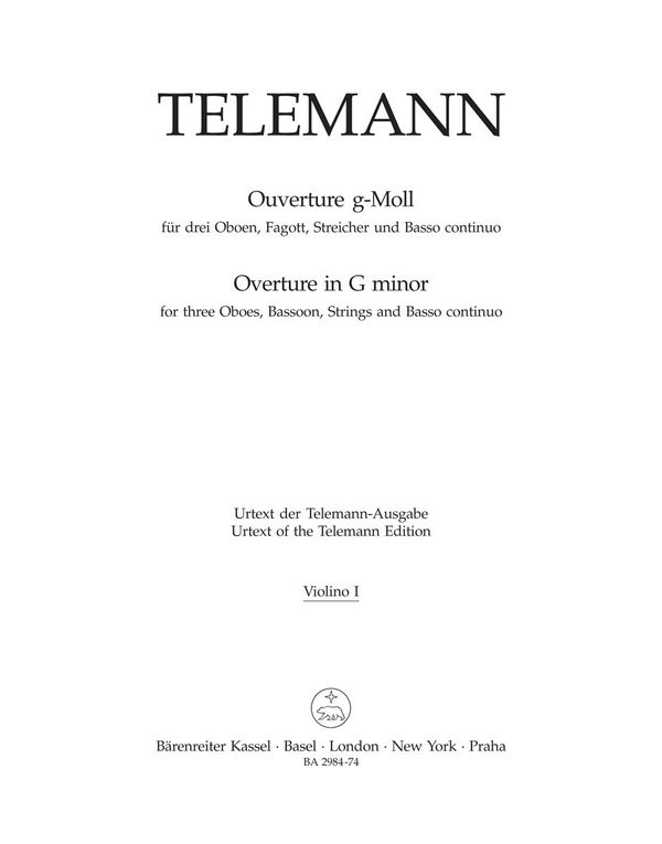 Orchester-Ouvertüre&nbsp;&nbsp;: TWV 55:g4&nbsp;&nbsp;Stimme(n), Urtextausgabe V1