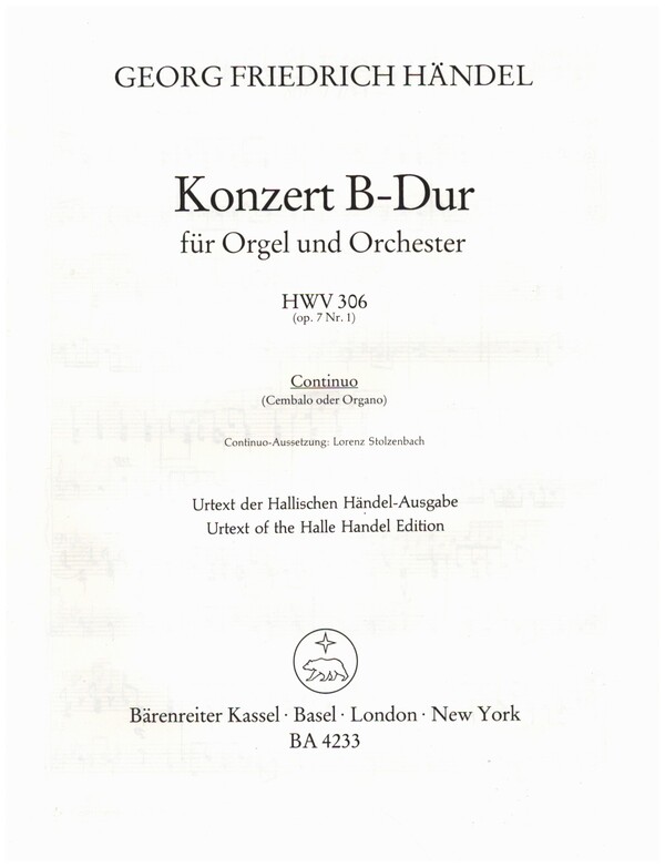 Konzert B-Dur op.7/1 HWV306&nbsp;&nbsp;für Orgel (Cembalo) und Orchester&nbsp;&nbsp;Cembalo/Orgel/Basso continuo