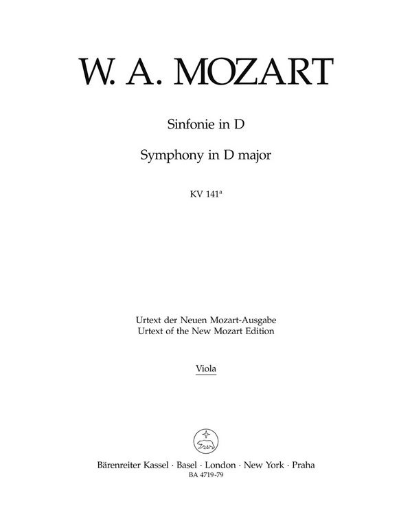 Sinfonie&nbsp;&nbsp;Ouvertüre zu KV 126 'Il sogno di Scipione' KV 141a(161)&nbsp;&nbsp;Stimme(n), Urtextausgabe Va