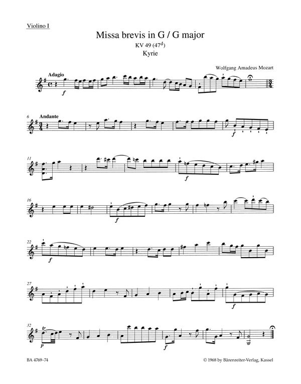 Missa brevis G-Dur KV49&nbsp;&nbsp;für Soli, gem Chor und Orchester&nbsp;&nbsp;Violine 1
