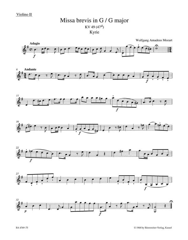 Missa brevis G-Dur KV49&nbsp;&nbsp;für Soli, gem Chor und Orchester&nbsp;&nbsp;Violine 2