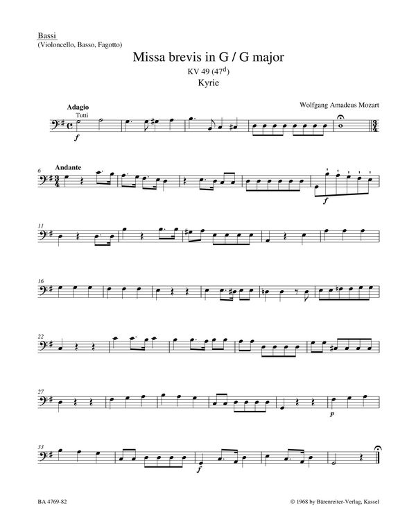 Missa brevis G-Dur KV49&nbsp;&nbsp;für Soli, gem Chor und Orchester&nbsp;&nbsp;Violoncello/Kontrabass/Fagott