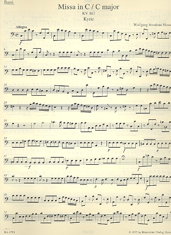 Messe C-Dur KV167&nbsp;&nbsp;für Soli, gem Chor und Orchester&nbsp;&nbsp;Violoncello/Kontrabass/Fagott