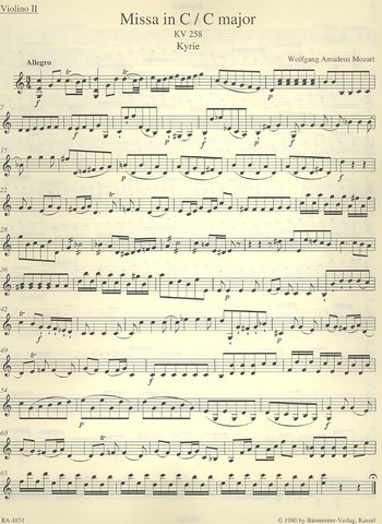 Missa C-Dur KV258&nbsp;&nbsp;für Soli, gem Chor und Orchester&nbsp;&nbsp;Violine 2