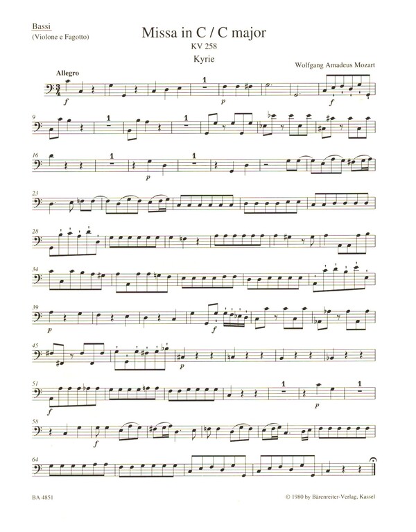 Missa KV258&nbsp;&nbsp;für Soli, gem Chor und Orchester&nbsp;&nbsp;Bassi (Violoncello/Kontrabass/Fagott)