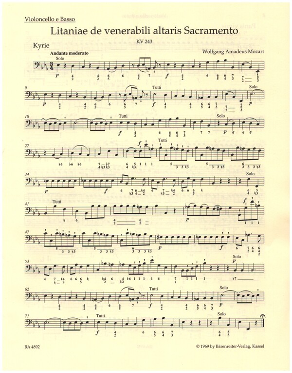 Litaniae de venerabili altaris Sacramento KV243&nbsp;&nbsp;für Soli, gem Chor und Orchester&nbsp;&nbsp;Violoncello/Kontrabass