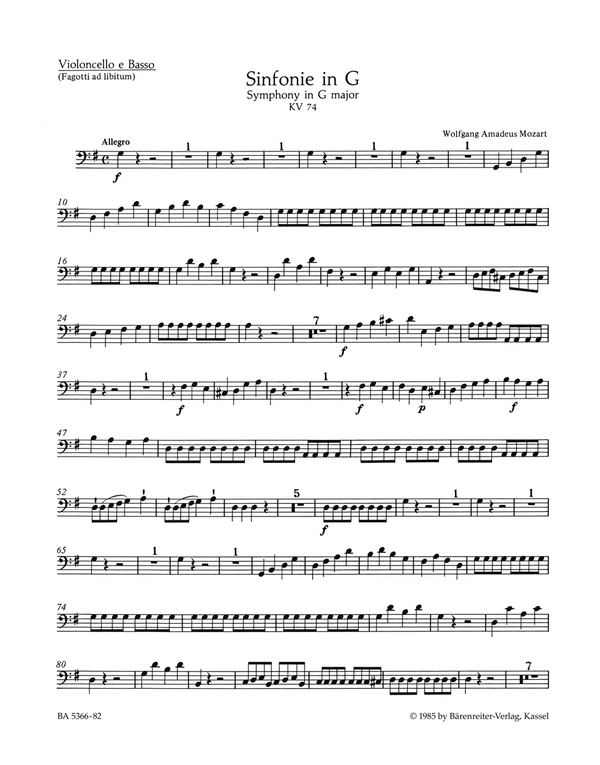 Sinfonie G-Dur Nr.10 KV74 für Orchester&nbsp;&nbsp;Violoncello/Kontrabass/Fagott&nbsp;&nbsp;