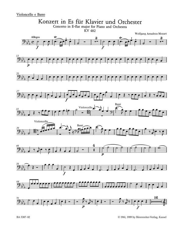 Konzert Es-dur KV482&nbsp;&nbsp;für Klavier und Orchester&nbsp;&nbsp;Violoncello/Kontrabass