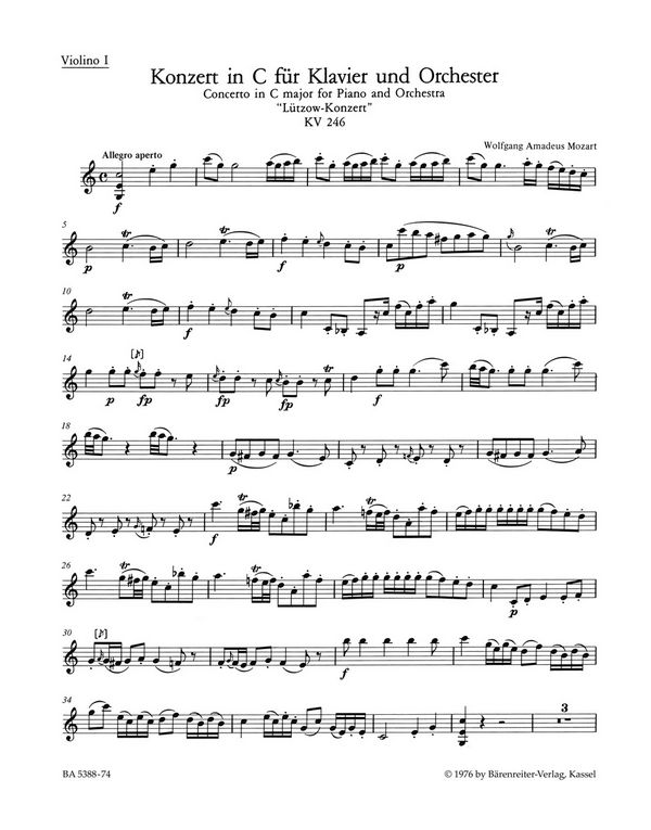 Konzert&nbsp;&nbsp;: KV 246&nbsp;&nbsp;Stimme(n), Urtextausgabe V1