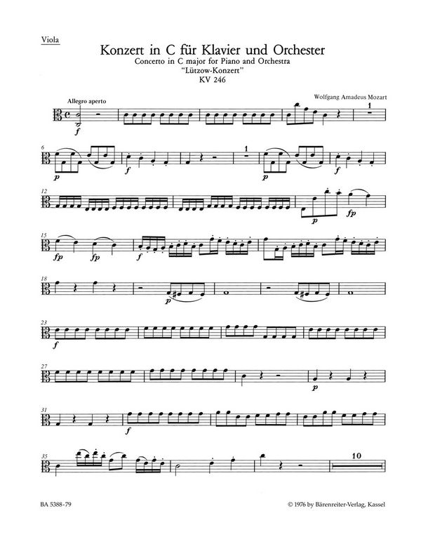 Konzert&nbsp;&nbsp;: KV 246&nbsp;&nbsp;Stimme(n), Urtextausgabe Va