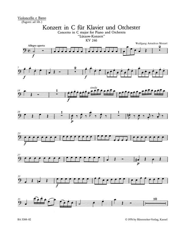 Konzert&nbsp;&nbsp;: KV 246&nbsp;&nbsp;Stimme(n), Urtextausgabe Vc/KB