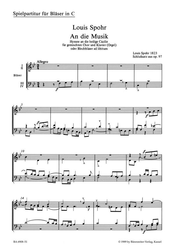 An die Musik  Festlicher Chor. Schlusssatz der 'Hymne an die heilige Cäcilie'  Bläserpartitur 2 Trp/2 Pos