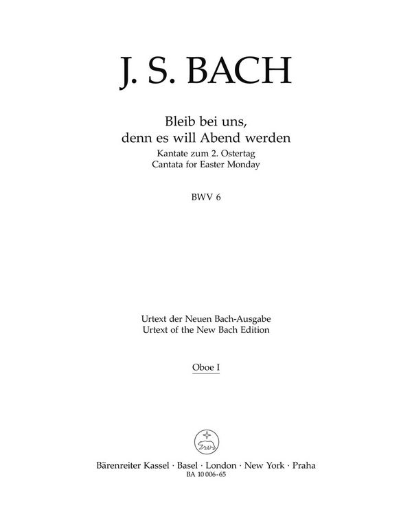Bleib bei uns, denn es will Abend werden&nbsp;&nbsp;Kantate zum 2. Ostertag BWV 6&nbsp;&nbsp;Harmoniestimmen, Urtextausgabe 2 Ob/Ob-dacc/EnglHn