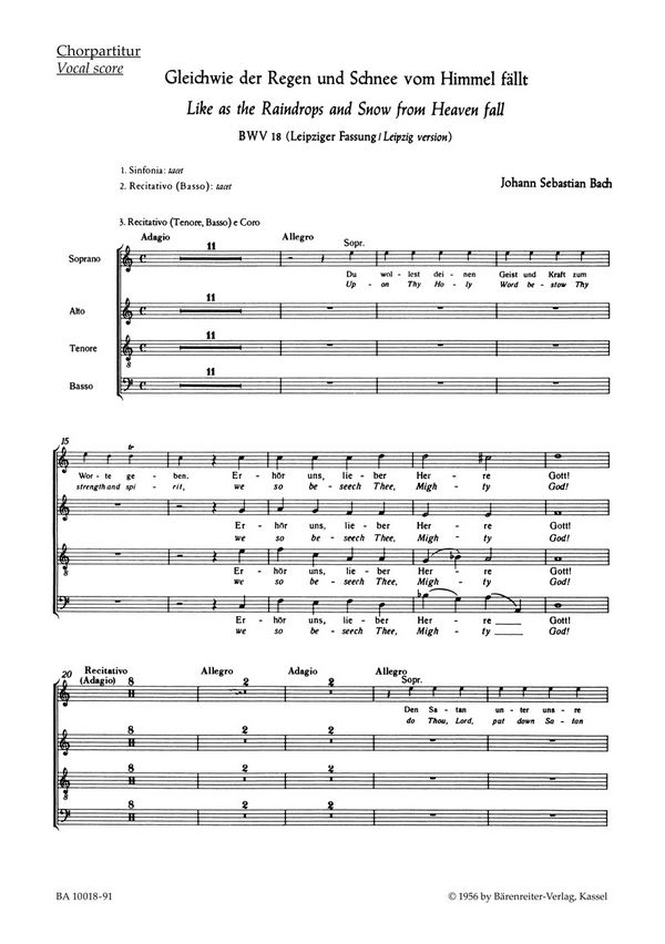 Gleichwie der Regen und Schnee vom Himmel fäll&nbsp;&nbsp;Kantate zum Sonntag Sexagesimae BWV 18&nbsp;&nbsp;Chorpartitur GemCh-SATB