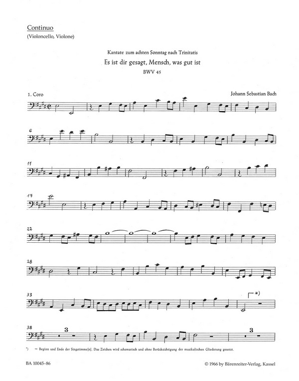 Es ist dir gesagt Mensch was gut ist&nbsp;&nbsp;Kantate Nr.45 BWV45&nbsp;&nbsp;Continuo (Cello / Bass / Fagott)