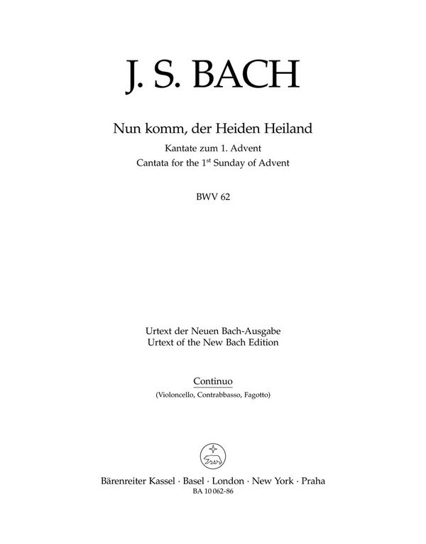 Nun komm, der Heiden Heiland&nbsp;&nbsp;Kantate Nr.62 BWV62&nbsp;&nbsp;Violoncello/Kontrabass/Fagott/Bc
