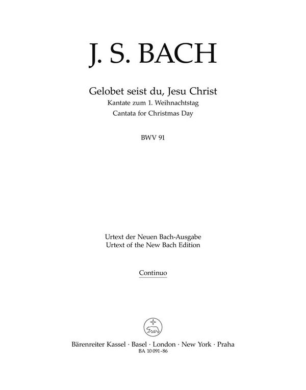 Gelobet seist du, Jesu Christ&nbsp;&nbsp;Kantate Nr.91 BWV91&nbsp;&nbsp;Basso continuo (Violoncello/Kontrabass/Violone)