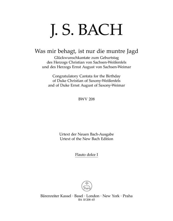 Was mir behagt, ist nur die muntre Jagd&nbsp;&nbsp;: BWV 208&nbsp;&nbsp;Harmoniestimmen, Urtextausgabe 2 Bfl-A/2 Ob-dacc/Fag/2 Cor-dacc