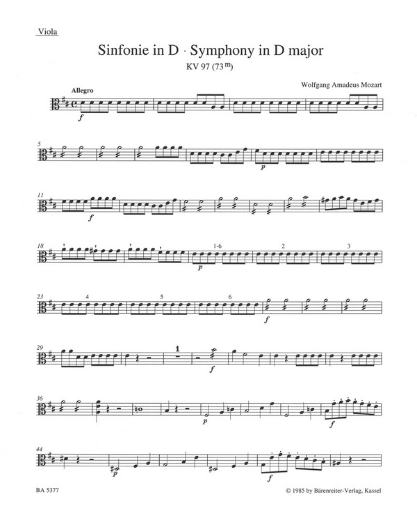 Sinfonie&nbsp;&nbsp;: KV 97 (73m)&nbsp;&nbsp;Stimme(n), Urtextausgabe Va