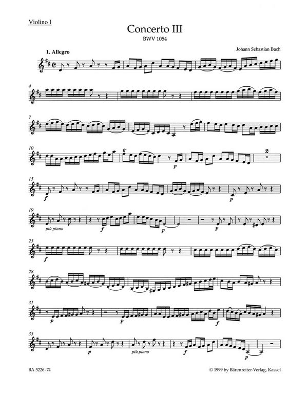 Konzert D-Dur Nr.3 BWV1054 für Cembalo&nbsp;&nbsp;und Streicher&nbsp;&nbsp;Violine 1