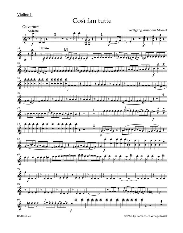 Ouvertüre zu Cosi fan tutte KV588&nbsp;&nbsp;für Orchester&nbsp;&nbsp;Violine 1