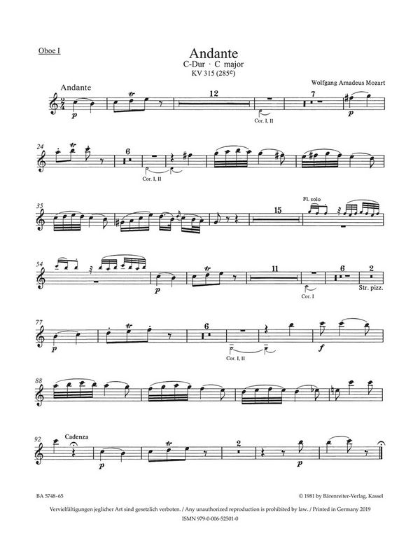 Andante C-Dur KV315&nbsp;&nbsp;für Flöte und Orchester&nbsp;&nbsp;Harmoniestimmen